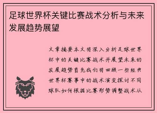 足球世界杯关键比赛战术分析与未来发展趋势展望